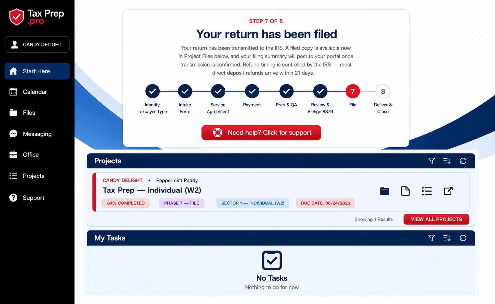 Step 7 of 8 — Filed with the IRS